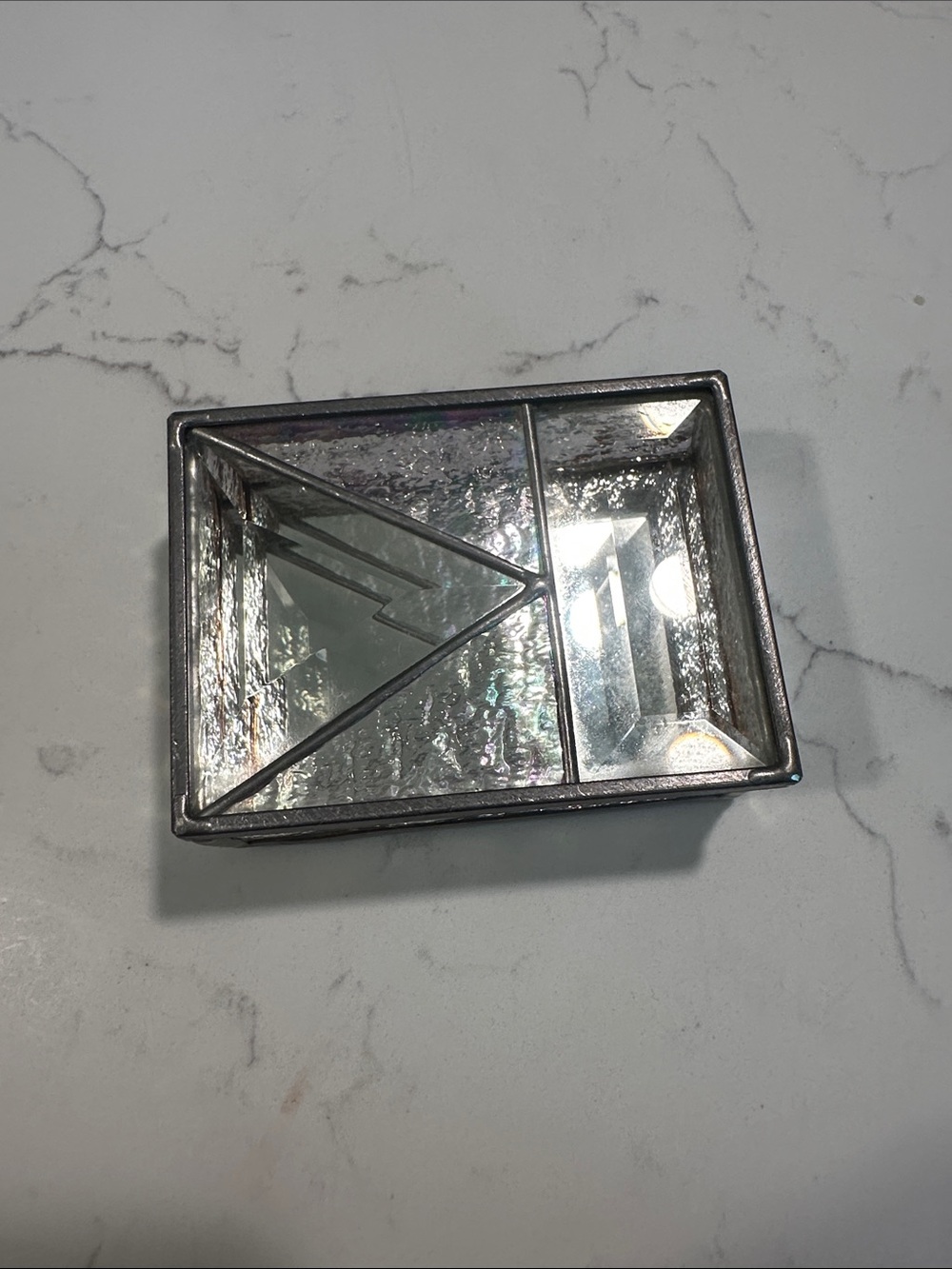 Vintage Stained Glass Jewelry Box Trinket Geometric clear white metallic